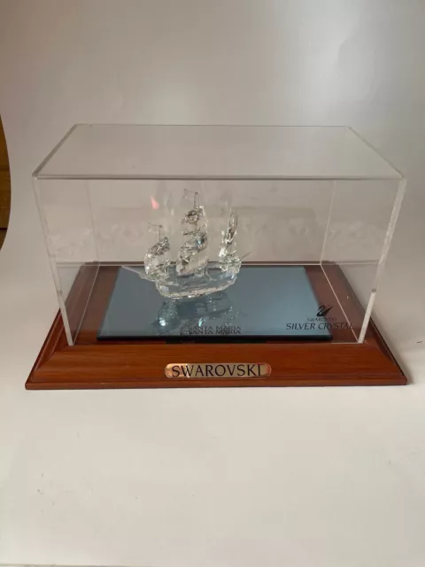 Swarovski Figur Segelschiff Santa Maria mit Glasplatte -Podest und Abdeckhaube