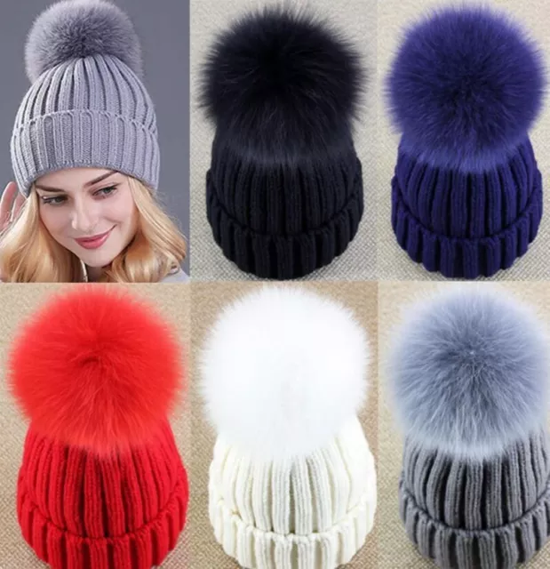 Damen Beanie Pelz Bommel warme Echtfell Strickmütze mit Fellbommel,Winter Mütze