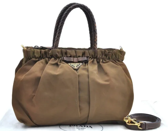 Authentic PRADA Nylon Tessuto Leather 2Way Shoulder Hand Bag Khaki Green K5873
