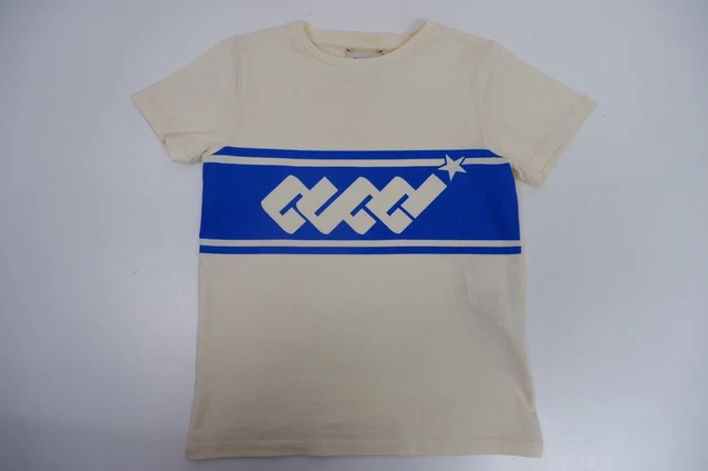 Gucci Boys T Shirt Top Age 6 Yrs Cream Blue Logo Print Short Sleeve