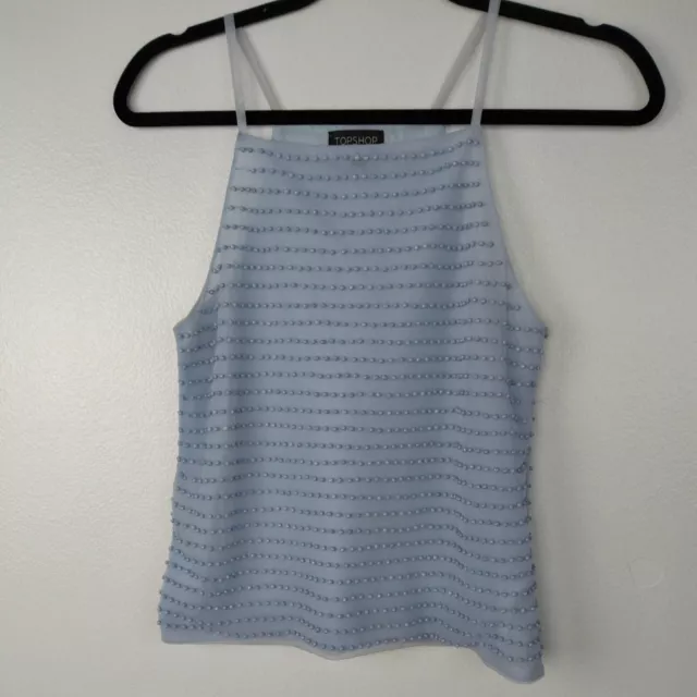 Topshop Camisole Top Size 4 Blue Beaded Sleeveless Blouse Women Flaws