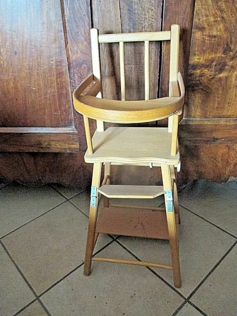 Chaise haute ancienne, modulable, pour poupée, poupon, en bois peint rose - Jeux & Jouets