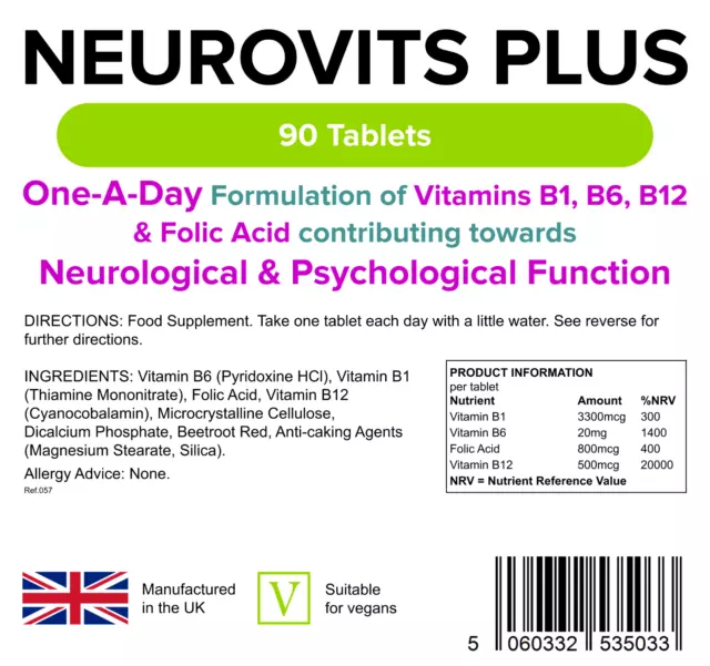 Neurovits Plus (90 comprimés) vitamine B1, B6, B12, acide folique [Lindens 5033] 2