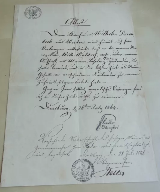 Zeugnis DUISBURG 1864 für Steinhauer, Signaturen Meister FLADER & BM Otto KELLER