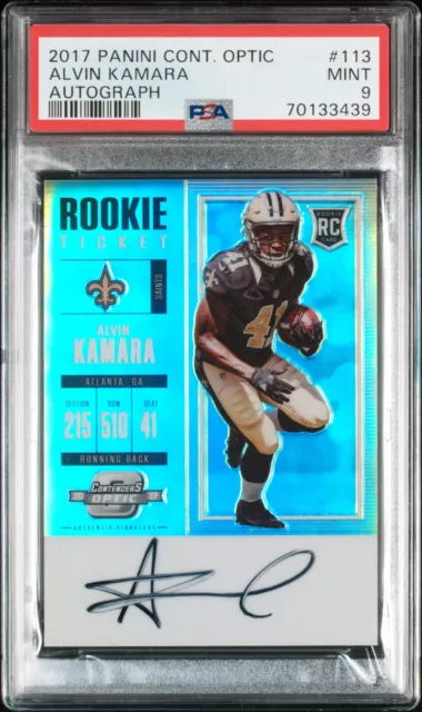 2017 Contenders Optic Alvin Kamara ROOKIE Ticket Auto Silver Prizm RC MINT PSA 9