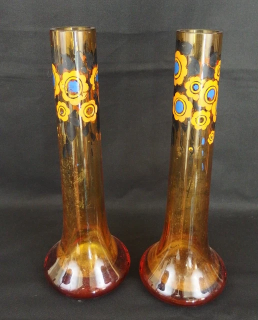 Lot De 2 Vases En Verre Peint Style Oriental - Signés Laiguelet, Occasion