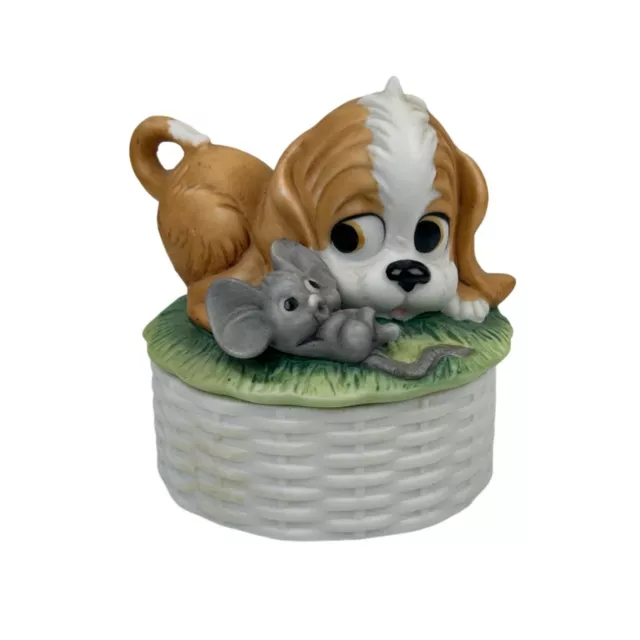 VTG Lund's Lites Puppy & Mouse Ceramic Bisque Trinket Box Candle Inside Taiwan