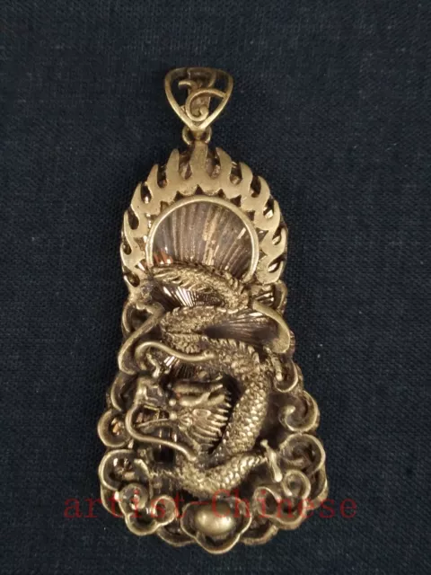 Collection Old art Chinese Bronze Carving Force Dragon Statue Pendant Necklace