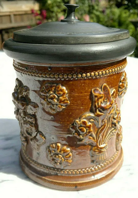 c1820 Antique French Stoneware Salt Glaze Tobacco Jar Floral Relief Pewter Lid