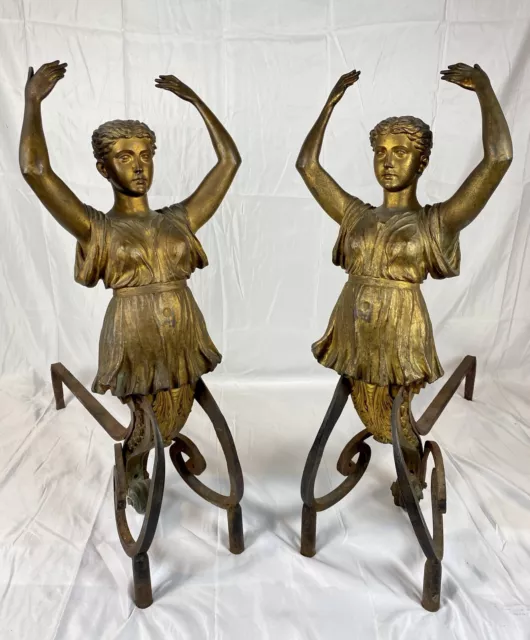 Exquisite Pair of 19th Century Gilt Bronze Figural Andirons, Ancient Greek Women