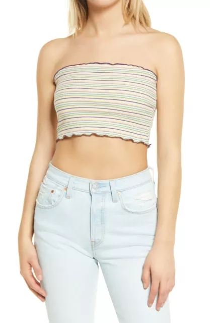 Women's Bp. Stripe Rib Tube Top, Size Large Ruffle Hem Crop