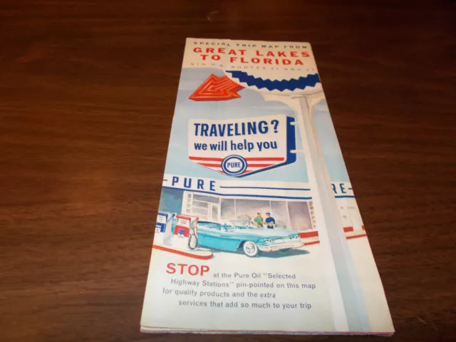 1960 Pure Oil Great Lakes to Florida via Rts. 41 and 27 Vintage Road Map / Nice
