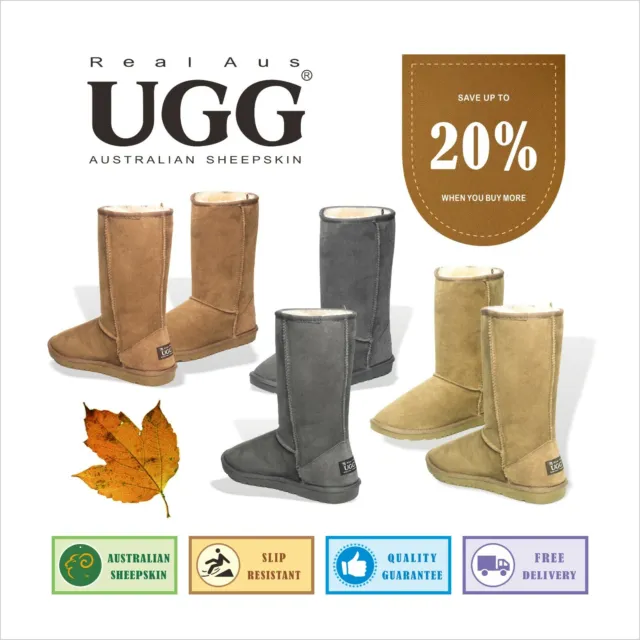 UGG Real Aus 100% Australian Sheepskin Wool Unisex Men Women Boots 12" Tall Sand