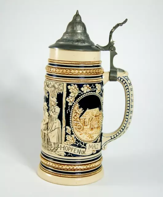 Marzi & Remy Hunters with Fox 2734 german ceramic lidded beer steins 1 Liter