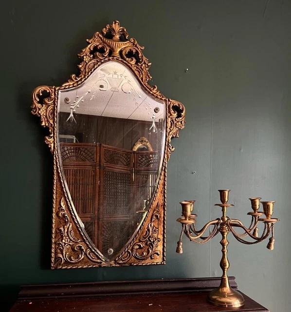 Antique Patina Vie Vintage Italianate Mirror Carved Gilded Etched Glass
