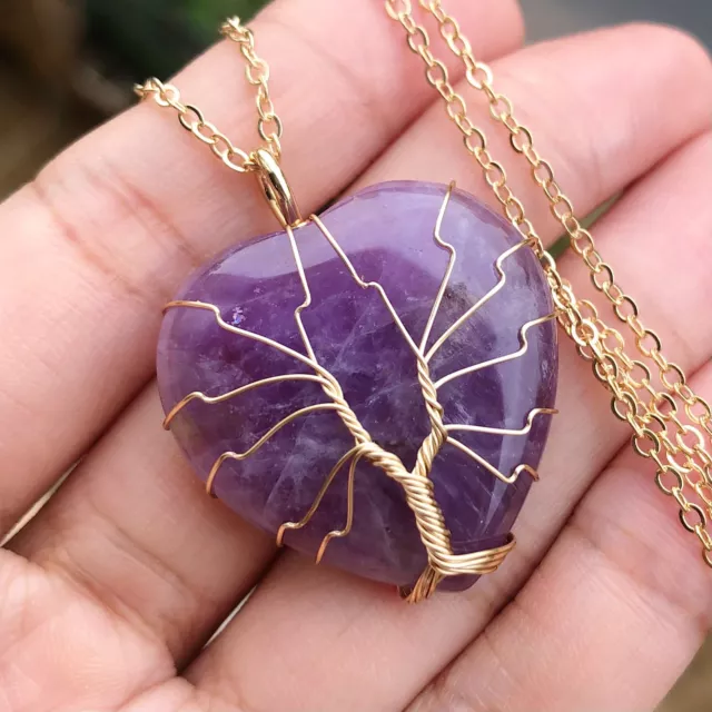 Amethyst Gem Tree Of Life Necklace Chakra Reiki Healing Amulet