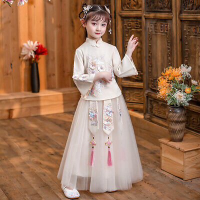 Girl Ancient Chinese Dress Tang Embroidery Flower Top Skirt Set Floral Suit