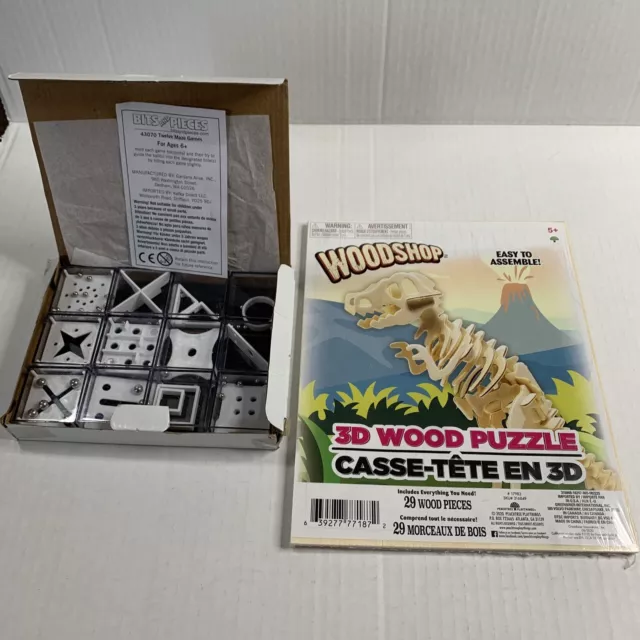 Bits and Pieces 12 mini mazes & woodshop dinosaur 3 D puzzle