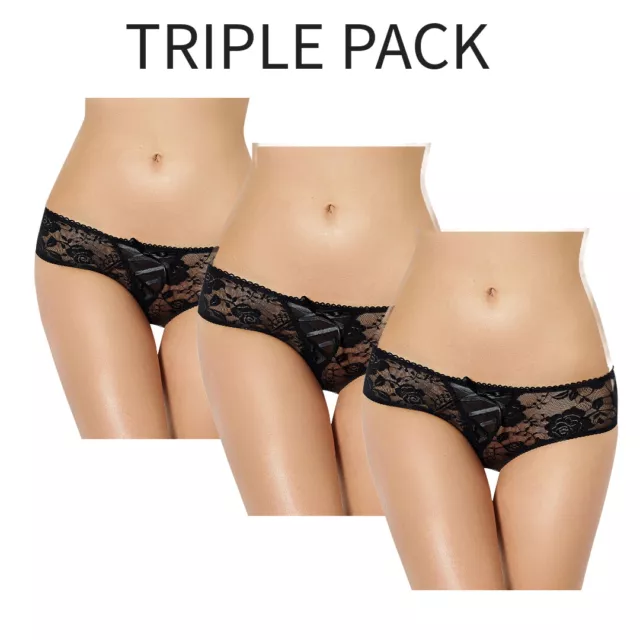 TRIPLE PACK Womens Open Crotch Lace Briefs Knickers Underwear Sexy Panties Black