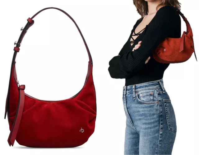 Rag & Bone Commuter Mini Hobo Womens Suede & Leather Shoulder Bag Purse Ruby Red