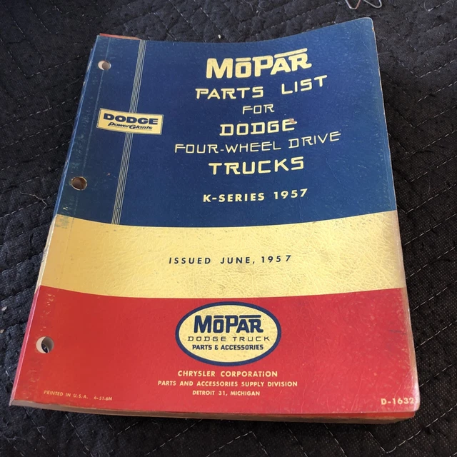 Original 1957 Mopar Dodge four wheel drive K series parts list