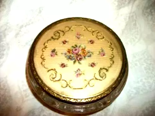 Antique Powder Jar Vanity French Repousse Bronze Petit Point Roses Ornate Glass