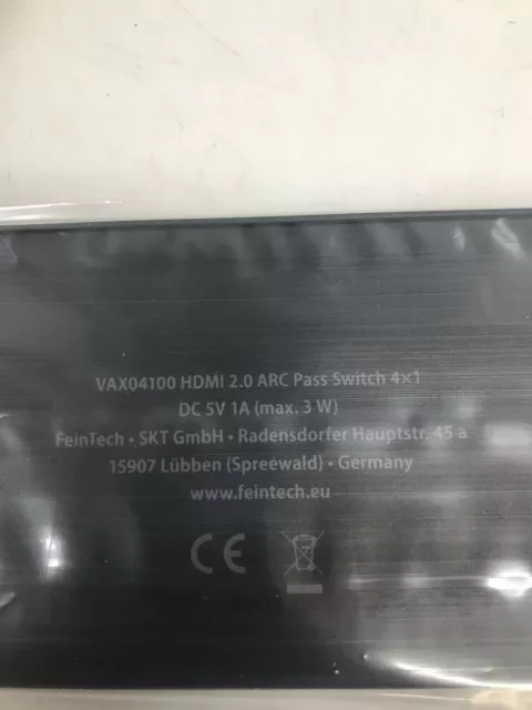 FeinTech VAX04100 HDMI 2.0 ARC Pass Switch 4x1, fuer 3 HDMI-Quellen, Soundbar 3