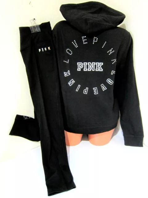 BLING Victoria Secret Pink RHINESTONE FOIL LOGO BLACK HOODIE LEGGING PANT L SET