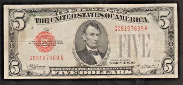 United States USA US VF Note $5 Dollars Series 1928 C Red Seal G-A