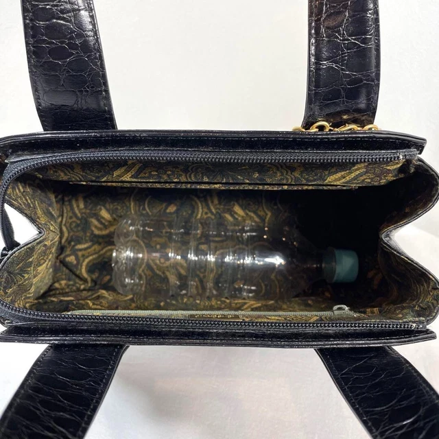 Rare Longchamp Leather Handbag Tote Bag Croc Embossed with Gold Charm Black 8