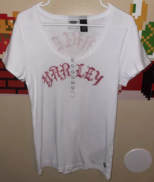 Harley Davidson Womens Short Sleeve Shirt Size XL Pink Skull Bedazzled