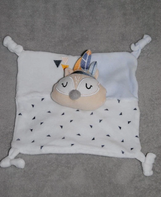 Doudou Plat Renard SIPLEC LECLERC Indien Carré blanc Bleu Plume 4 Noeuds TTBE
