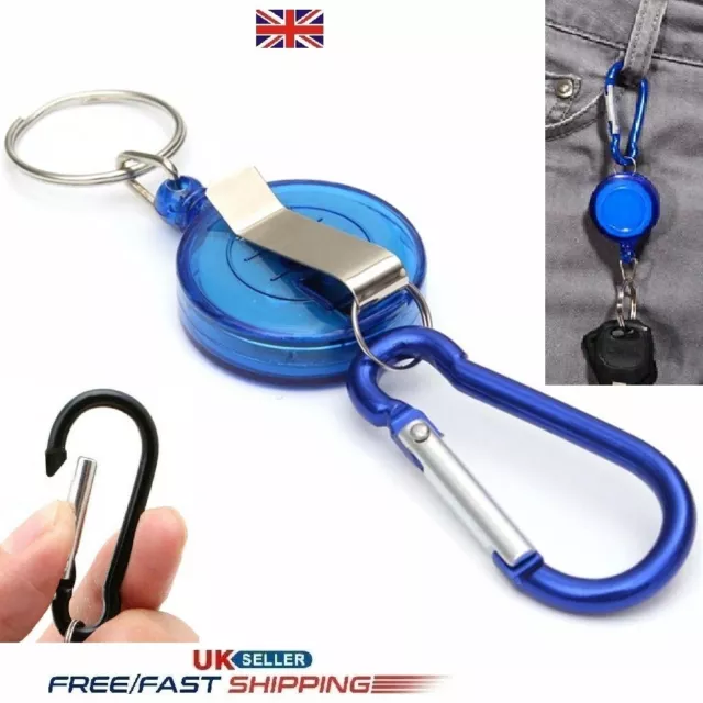 Stainless Retractable Pull Ring Key Chain Recoil Keyring Carabiner Steel Clip UK