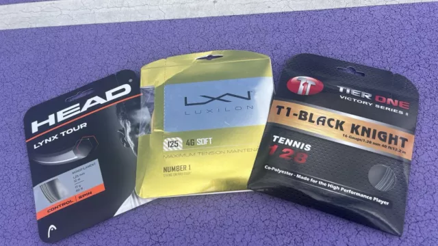 3 Poly String Sets, Luxilon 4G Soft 125, Head Lynx Tour 125, T1 Black Knight 128