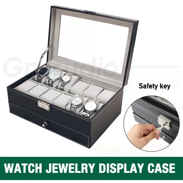 Display Case Watch Jewelry Storage Holder Box 12 Grids Organizer PU Leather