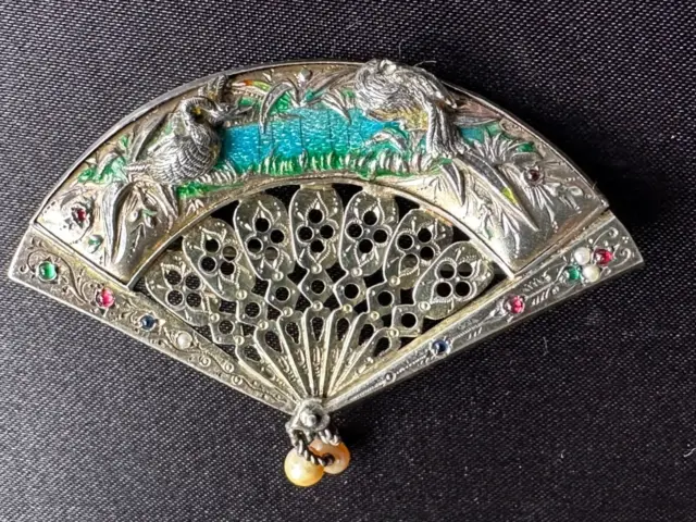 Marvelous Antique Victorian Gold &Sterling silver Brooch -Enamel Lake with birds