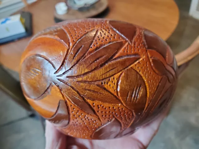 Vintage Large Hand Carved Turned Wooden Bowl Jar Etched Floral Flower Vase