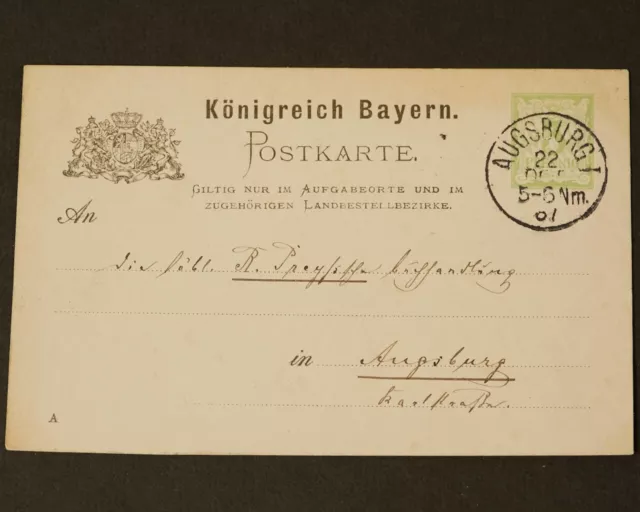 Ganzsache Postkarte Augsburg nach Augsburg Königreich Bayern 1887