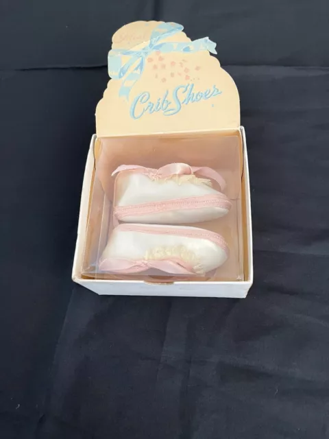 Vtg Mrs Days Ideal Baby Satin White pink Trim Crib Shoes NIB Size 2 Doll Shoe