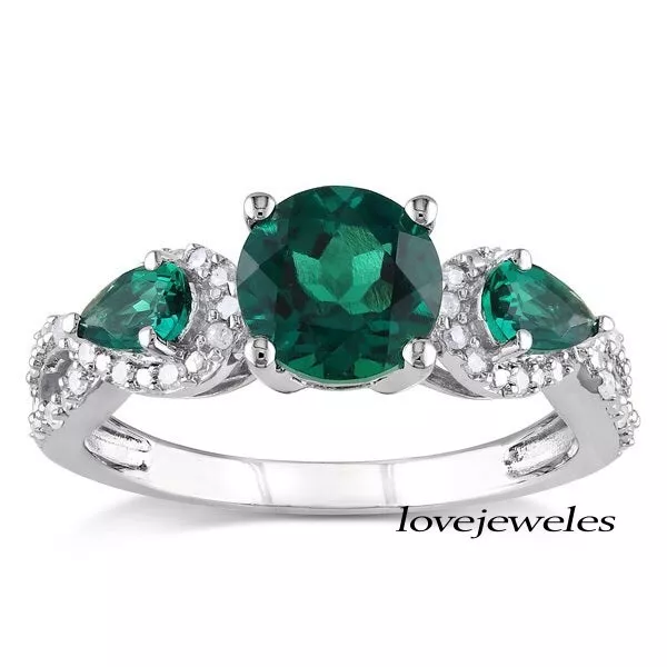 2CT Round Cut Real Green Emerald 3-Stone Halo Wedding Ring 14K White Gold Finish