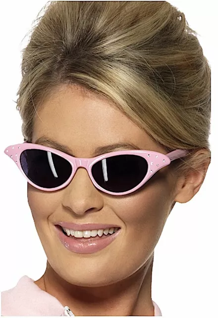 # Pink 50s Cat Eye Sunglasses Diamante Grease Pink Ladies Costume Glasses