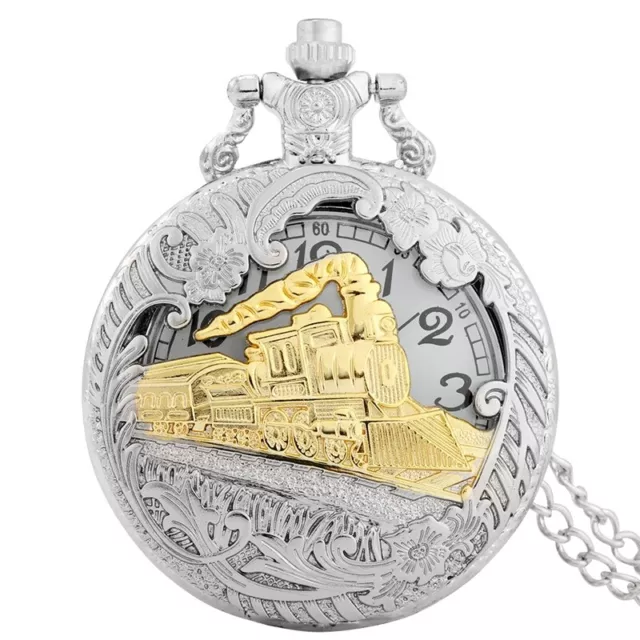 Silver Train Pocket Watch Quartz Watches with Necklace Chain Reloj De Bolsillo