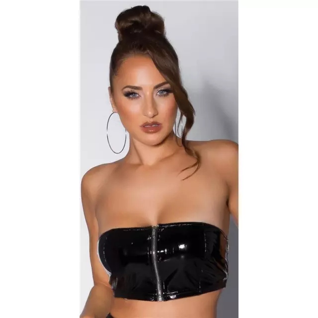Sexy Donna Gogò Fascia Top IN Latex-Look Vinile Nero #GW1344