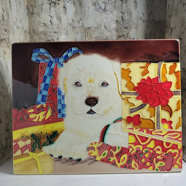 Large one of a kind handcrafted ceramic tile Christmas Retriever puppy presents