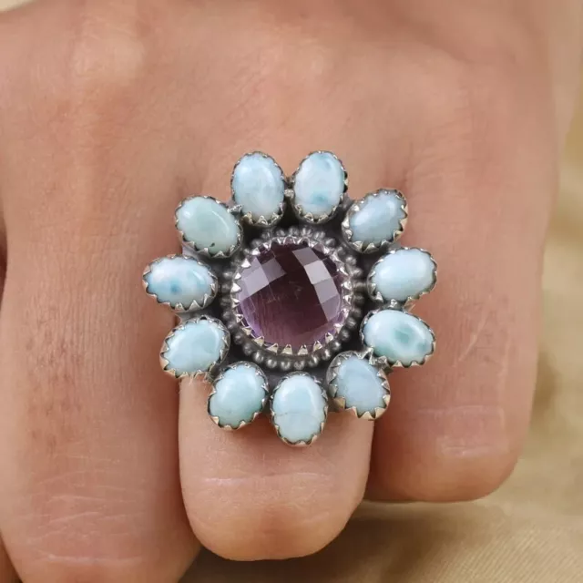 AAA+Larimar & Amethyst Ring 925 Sterling Silver Floral Designer Ring Womens Ring