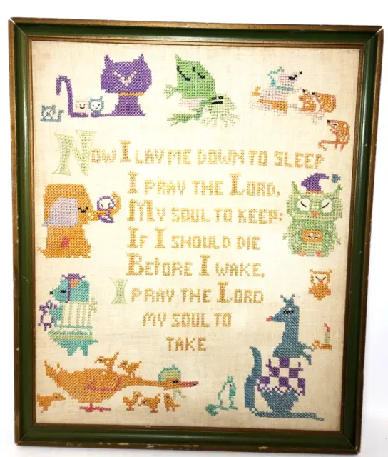 Vintage Cross Stitch Sampler Baby Room Child Nursery Animals Prayer Wood Frame