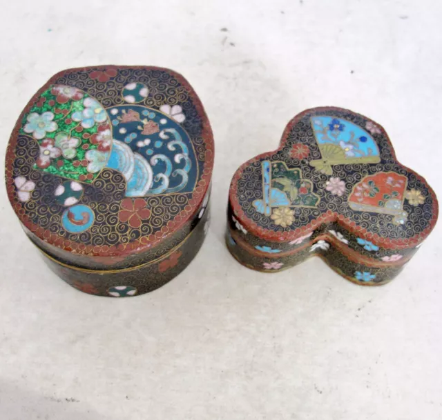 2 Sm Antique Japanese Meiji Cloisonne Trinket Boxes with Flowers & Fans  (2.75")