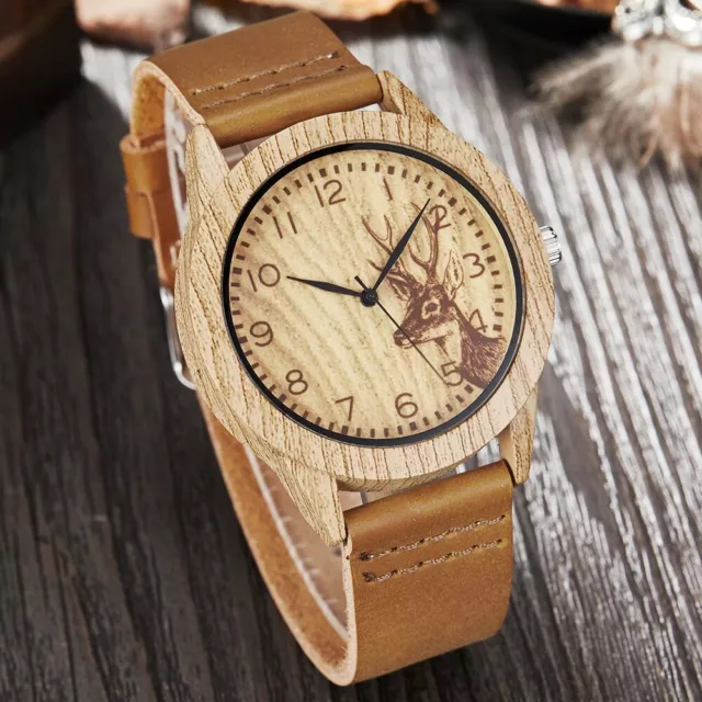 Superbe Faux en Bois Cuir Montre pour Homme Femme Quartz Arbre de Vie Cerf