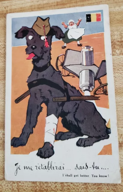 1923 Color Postcard Belgium Injured Dog Pulling Milk Cart Army Hat Pow?