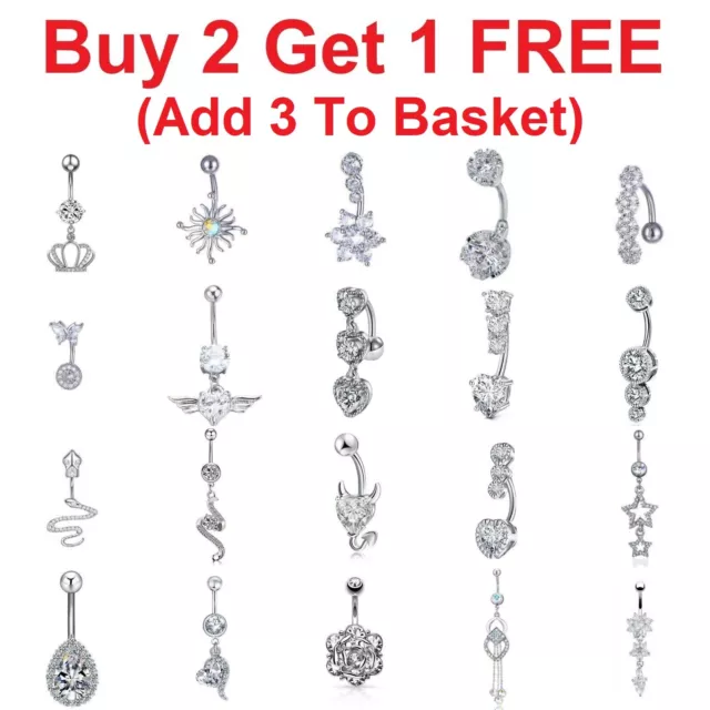 Belly Button Ring Bars Crystal Navel Piercing Body Jewellery Barbell Silver Gems